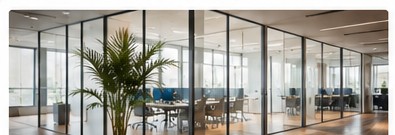Helle Büroflächen mit Besprechungsräumen hinter Glaswänden